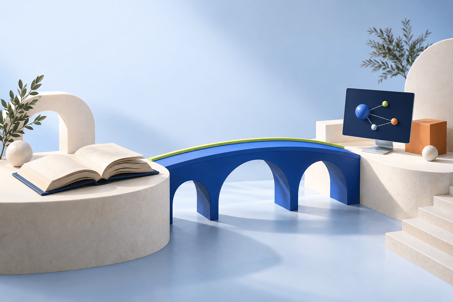 An open book forming a bridge between digital learning tools