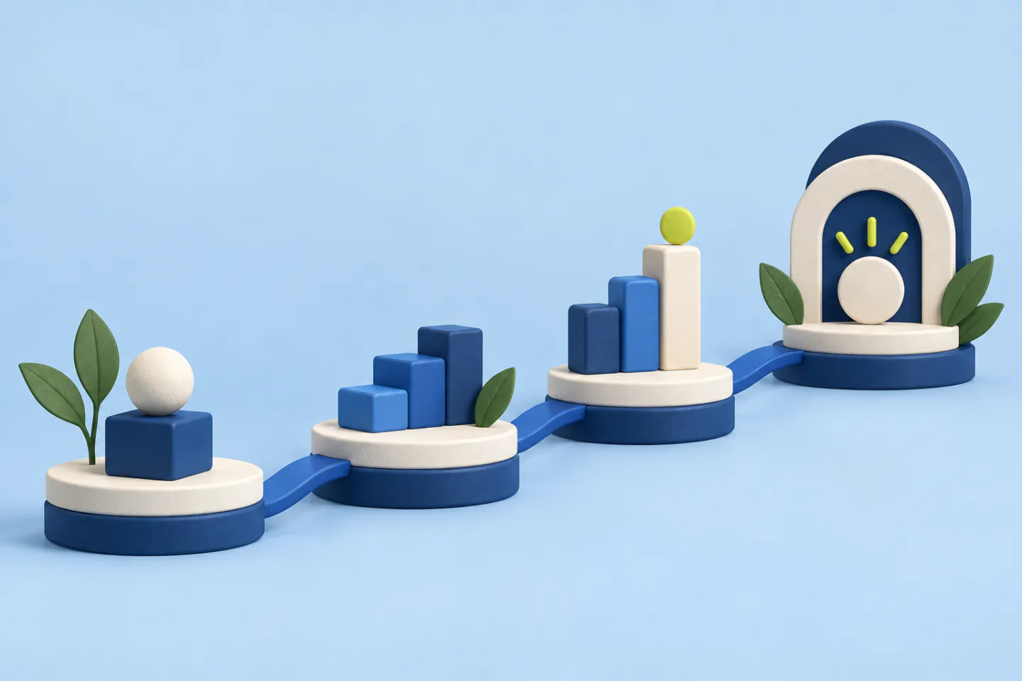 A 3D illustration of connected blue program milestones leading to a credential