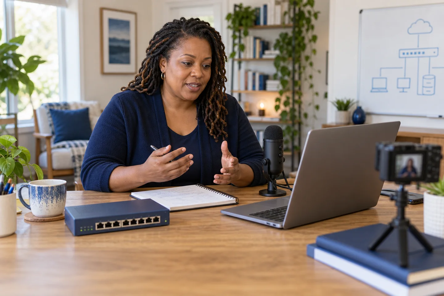 An instructor recording a lesson in a teaching studio